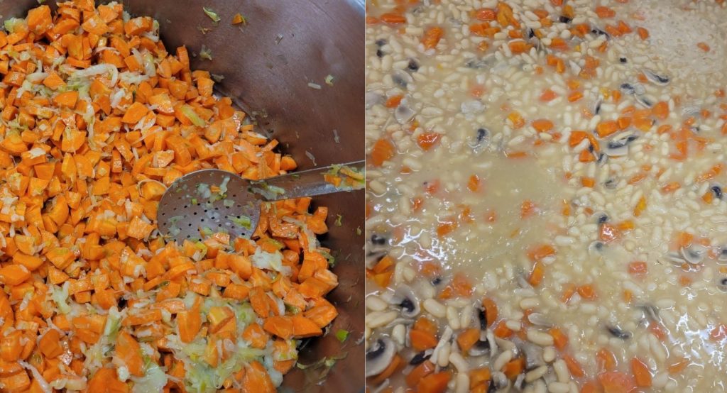 A gauche, poêlée de carottes et oignons. A droite, on ajoute les flageolets à la préparation.